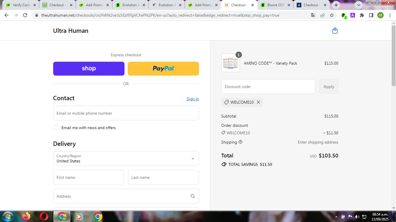 Ultra Human discount code screenshot showing code welcome10 applied at Ultra Human checkout page. Uploaded by SimplyCodes community member Diosprovee on Sep 13, 2025