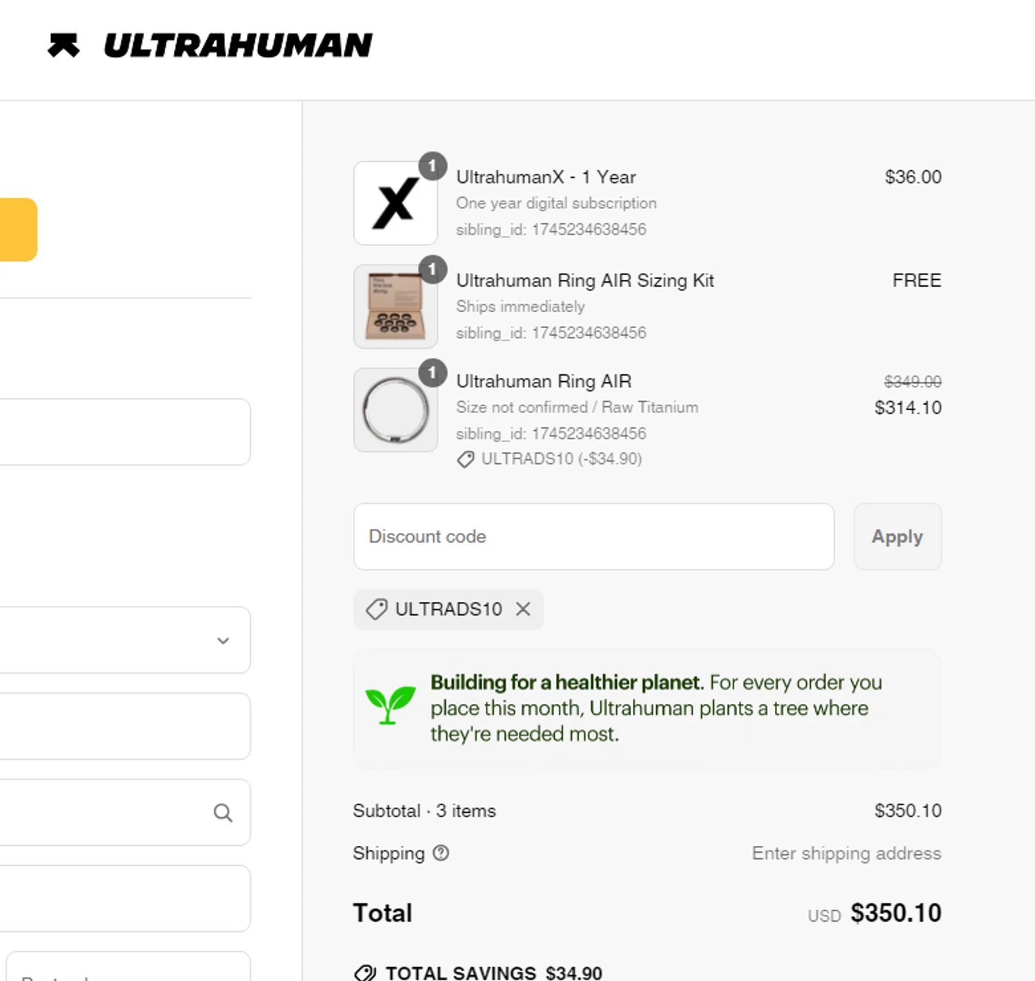 Ultrahuman discount code screenshot showing code ULTRADS10 applied at Ultrahuman checkout page. Uploaded by SimplyCodes community member Yossoy on Apr 21, 2025