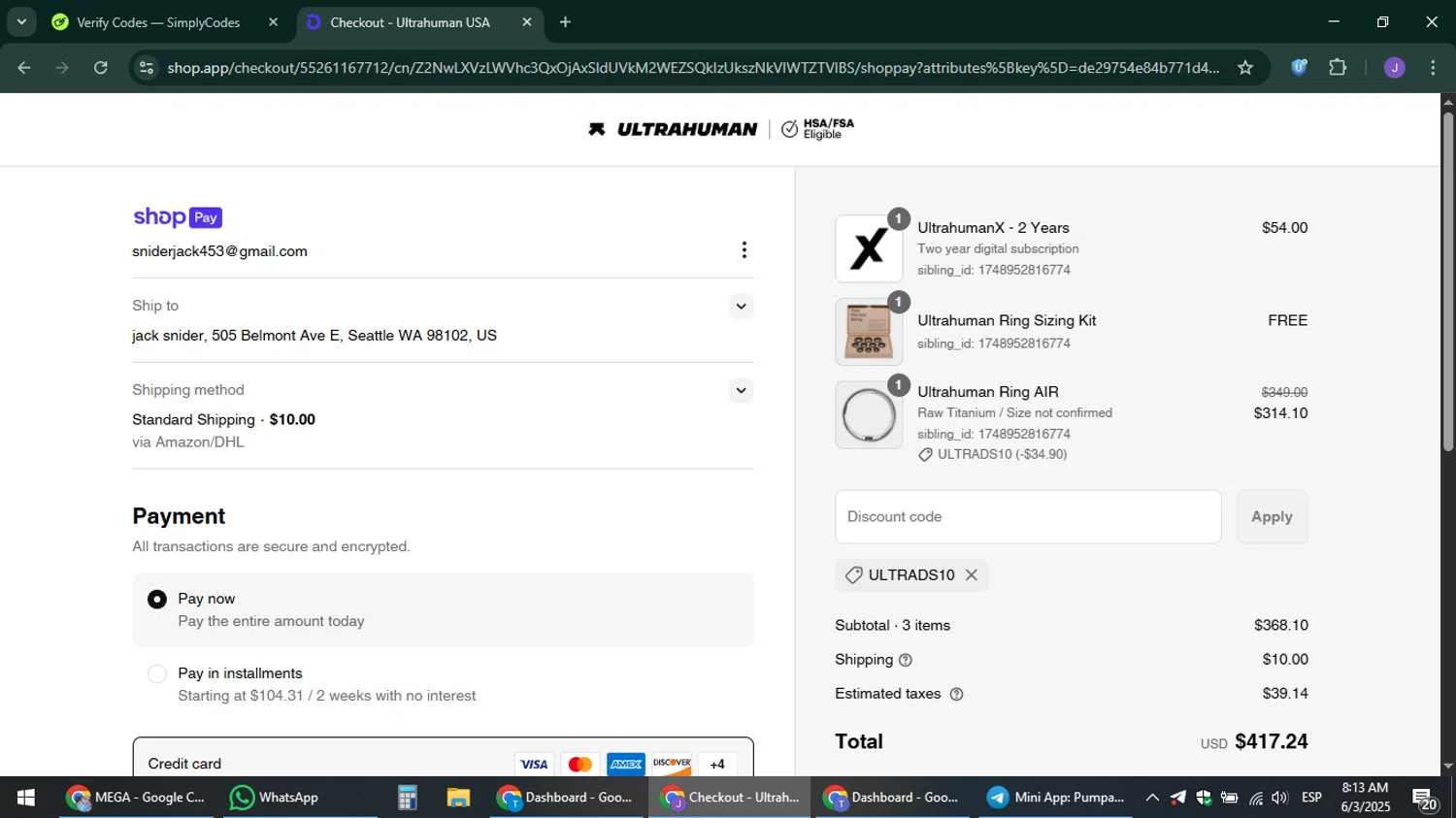 Ultrahuman discount code screenshot showing code ULTRADS10 applied at Ultrahuman checkout page. Uploaded by SimplyCodes community member sniderjack453 on Jun 3, 2025