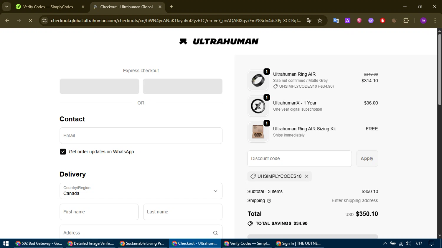 Ultrahuman discount code screenshot showing code UHSIMPLYCODES10 applied at Ultrahuman checkout page. Uploaded by SimplyCodes community member WonderHawk4272 on Nov 6, 2025