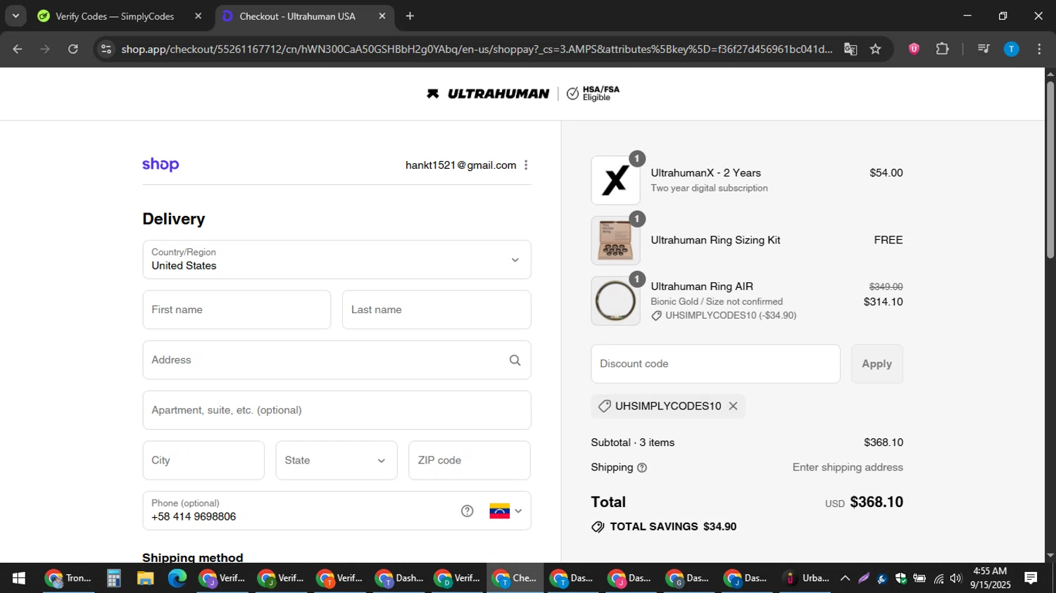 Ultrahuman discount code screenshot showing code UHSIMPLYCODES10 applied at Ultrahuman checkout page. Uploaded by SimplyCodes community member hankt1521 on Sep 15, 2025