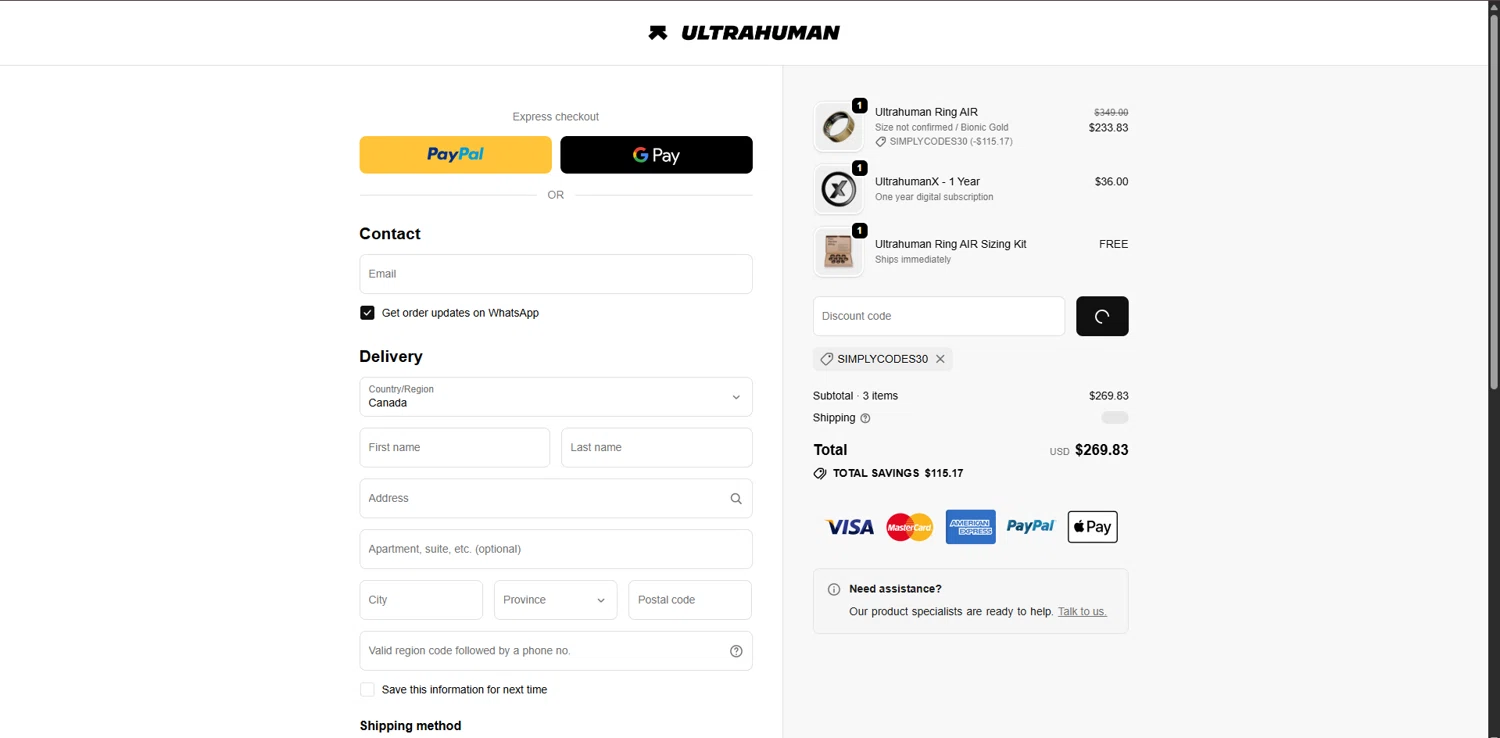 Ultrahuman discount code screenshot showing code SIMPLYCODES30 applied at Ultrahuman checkout page. Uploaded by SimplyCodes community member MagnificentTitan8616 on Dec 29, 2025
