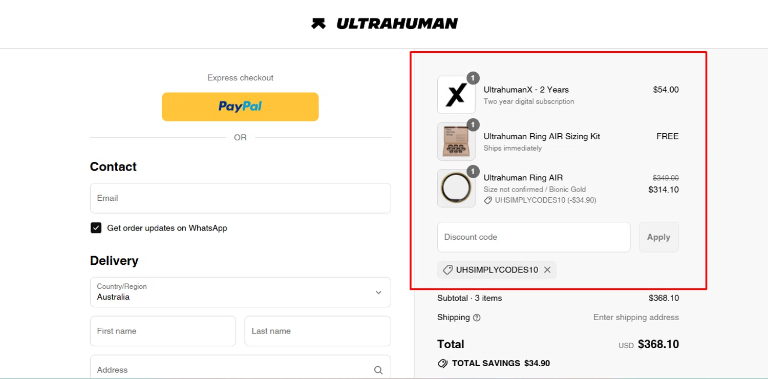 Ultrahuman discount code screenshot showing code UHSIMPLYCODES10 applied at Ultrahuman checkout page. Uploaded by SimplyCodes community member Swiftdealz on Aug 4, 2025