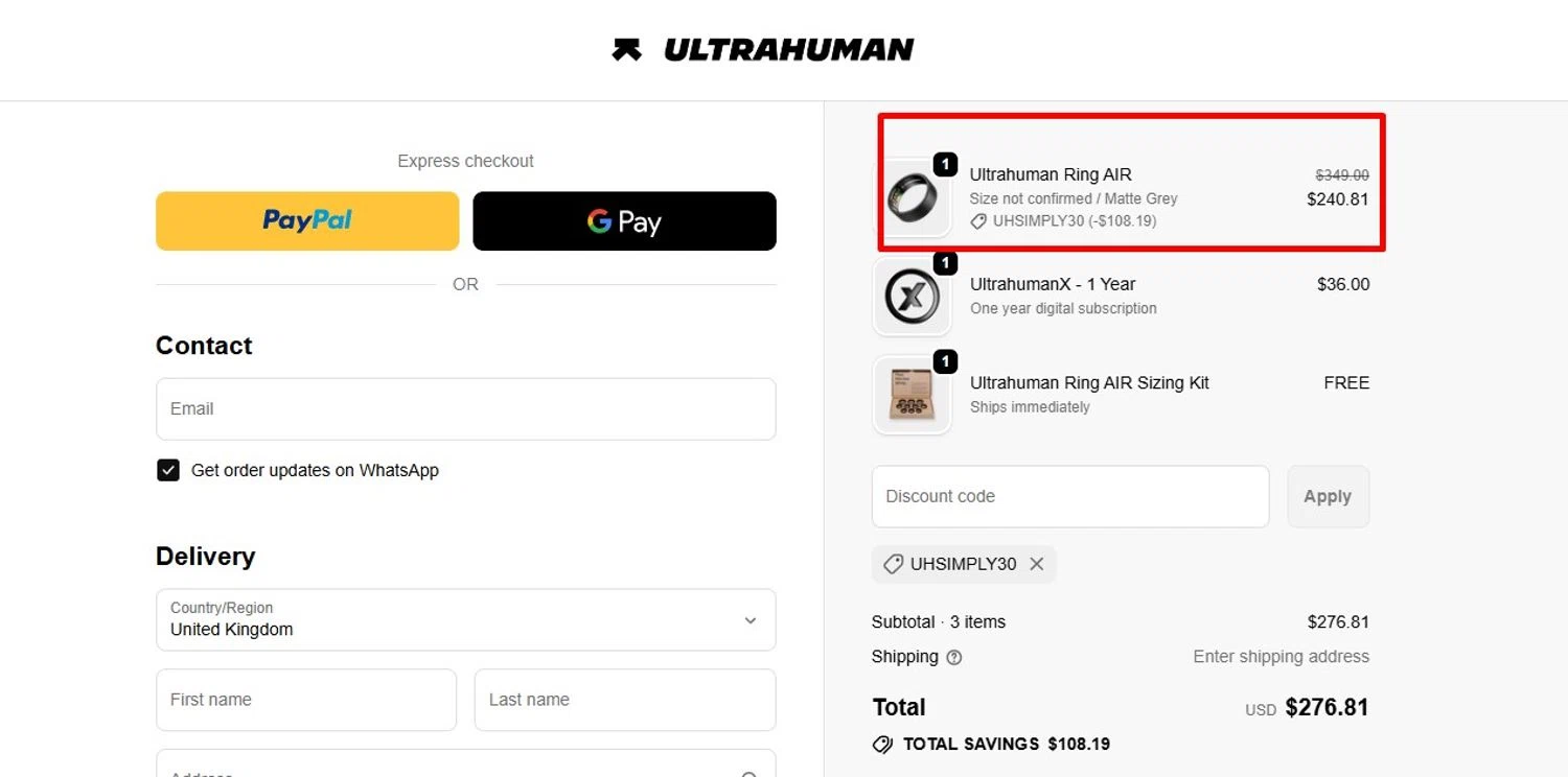 Ultrahuman discount code screenshot showing code UHSIMPLY30 applied at Ultrahuman checkout page. Uploaded by SimplyCodes community member Swiftdealz on Dec 15, 2025