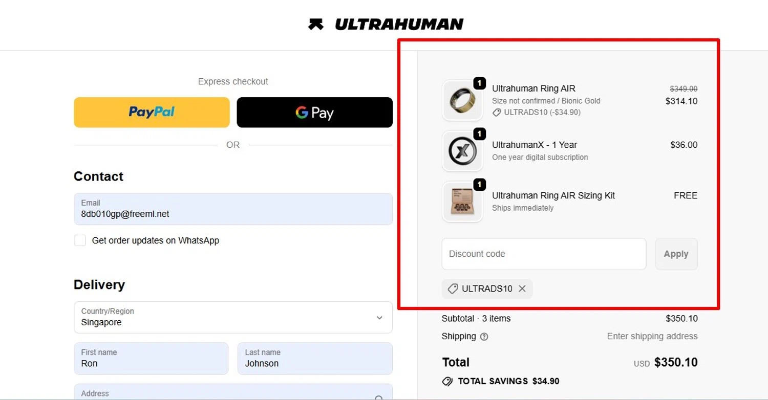 Ultrahuman discount code screenshot showing code UltraDS10 applied at Ultrahuman checkout page. Uploaded by SimplyCodes community member Swiftdealz on Nov 3, 2025