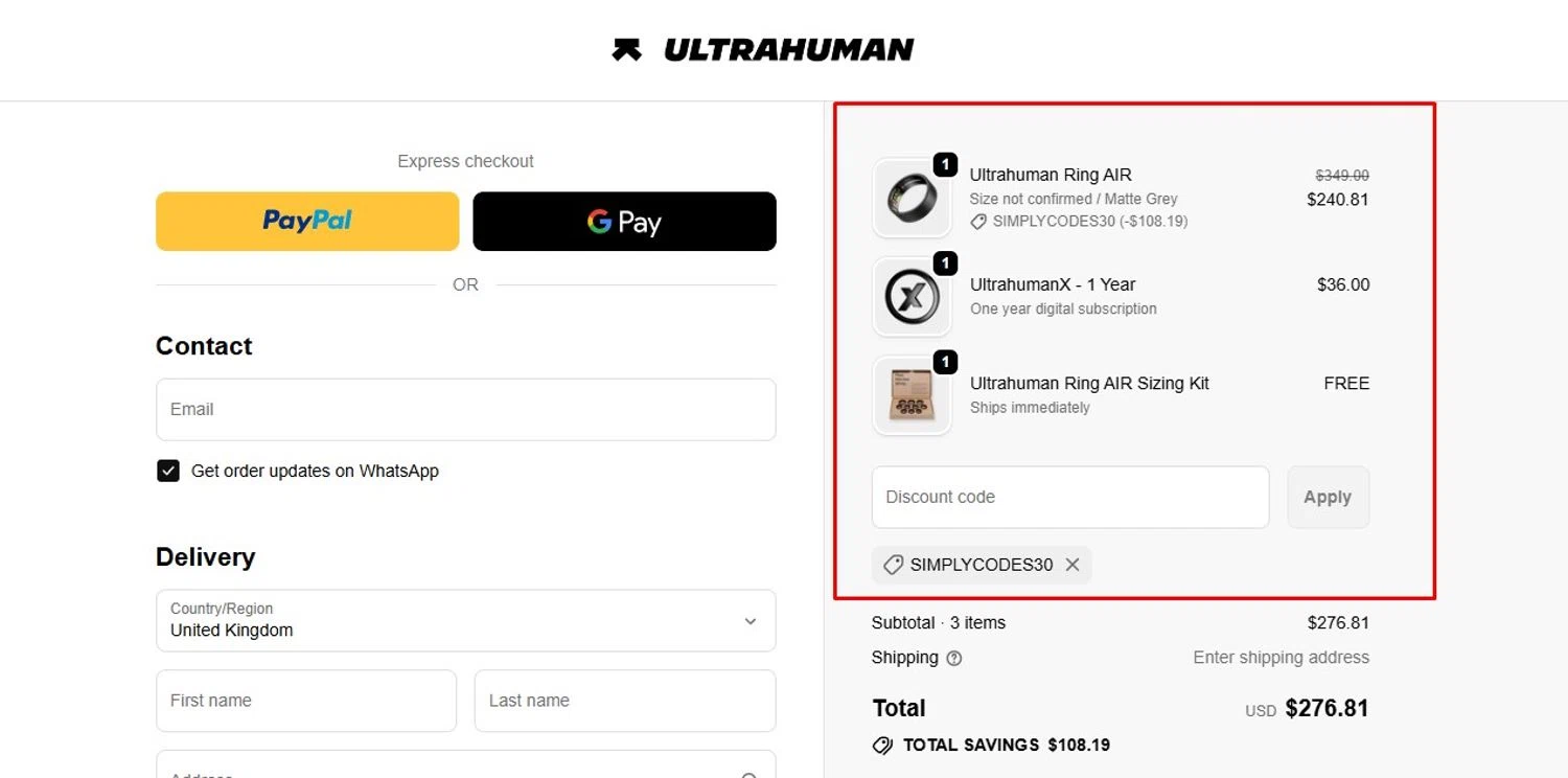 Ultrahuman discount code screenshot showing code SIMPLYCODES30 applied at Ultrahuman checkout page. Uploaded by SimplyCodes community member Swiftdealz on Dec 15, 2025