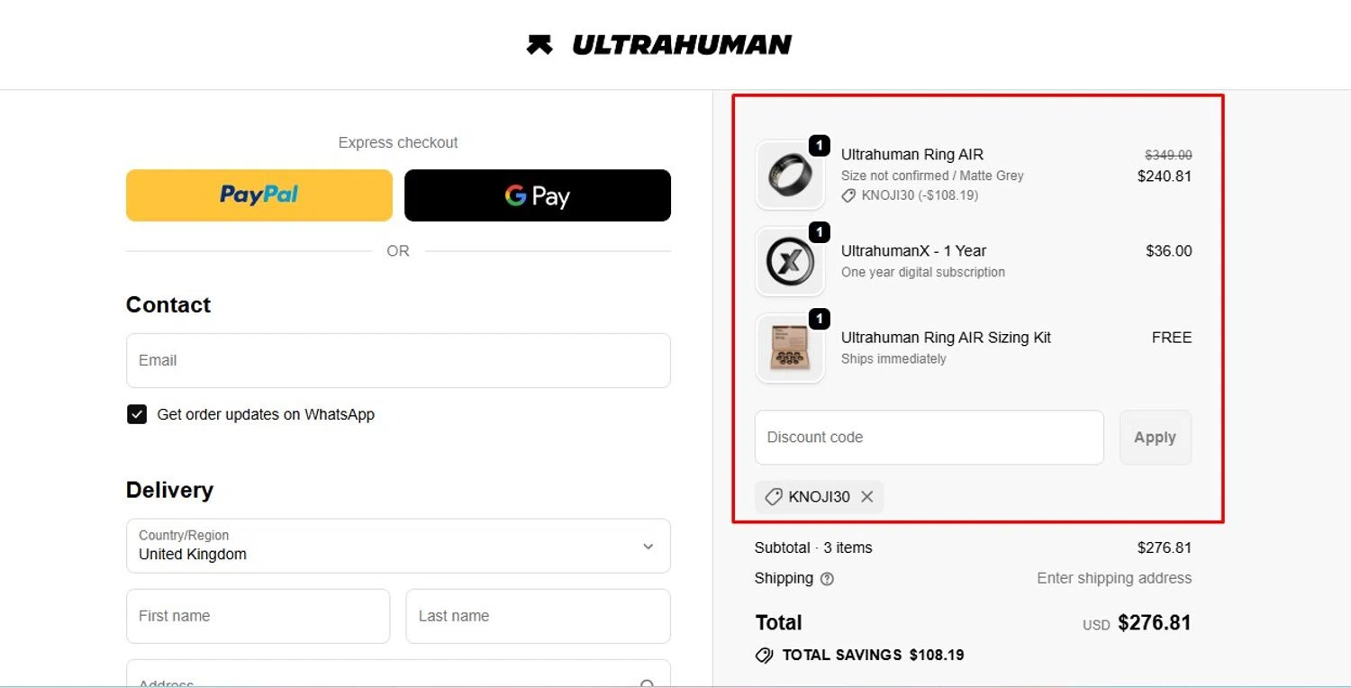 Ultrahuman discount code screenshot showing code Knoji30 applied at Ultrahuman checkout page. Uploaded by SimplyCodes community member Swiftdealz on Dec 15, 2025