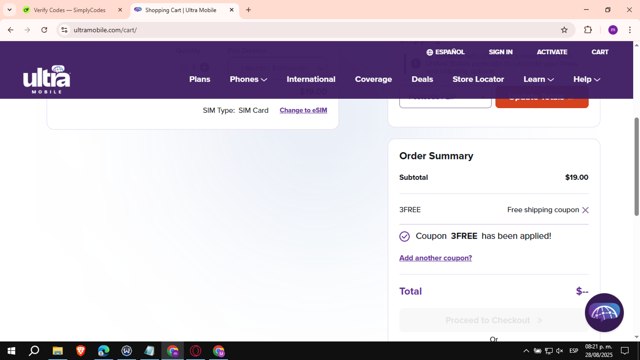 Ultra Mobile checkout page showing Ultra Mobile discount code box | Screenshot taken by SimplyCodes community member on Aug 29, 2025