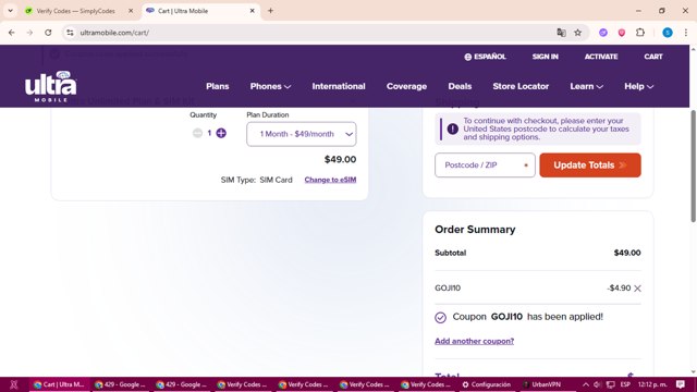 Ultra Mobile checkout page showing Ultra Mobile discount code box | Screenshot taken by SimplyCodes community member on Jul 31, 2025