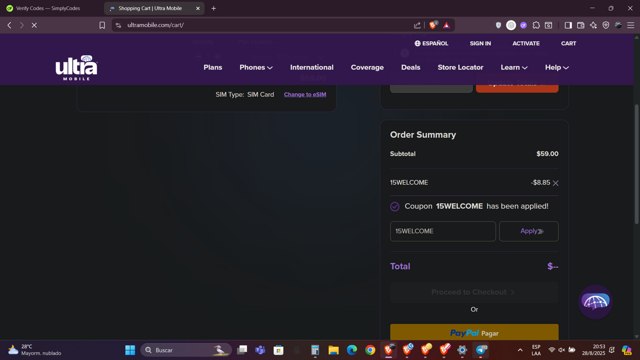 Ultra Mobile checkout page showing Ultra Mobile discount code box | Screenshot taken by SimplyCodes community member on Aug 29, 2025