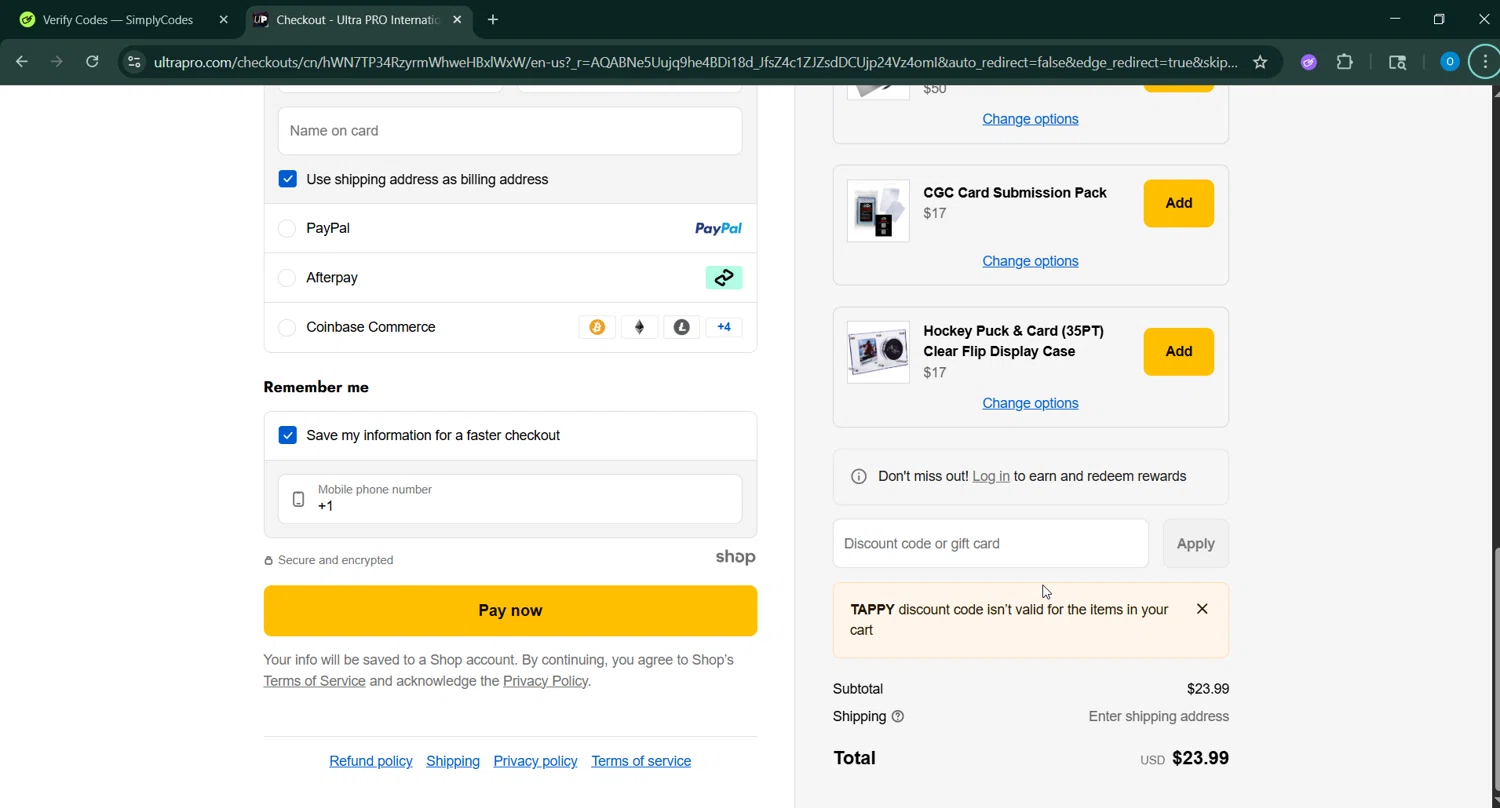 Ultra Pro promo code screenshot showing code TAPPY applied at Ultra Pro checkout page. Uploaded by SimplyCodes community member GoldChaser6627 on Jan 11, 2026
