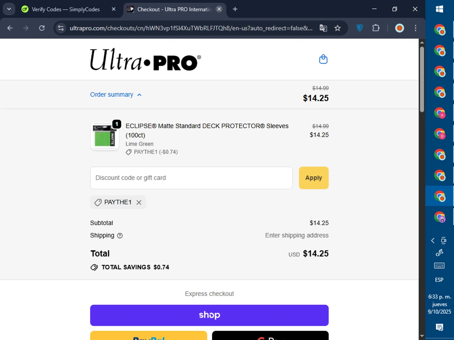 Ultra Pro discount code screenshot showing code PAYTHE1 applied at Ultra Pro checkout page. Uploaded by SimplyCodes community member GoldPilot5958 on Oct 9, 2025