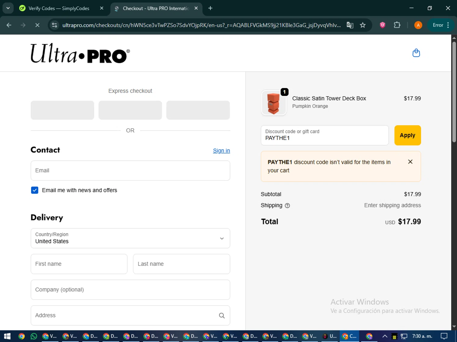 Ultra Pro discount code screenshot showing code PAYTHE1 applied at Ultra Pro checkout page. Uploaded by SimplyCodes community member MoneyPhoenix4664 on Nov 23, 2025