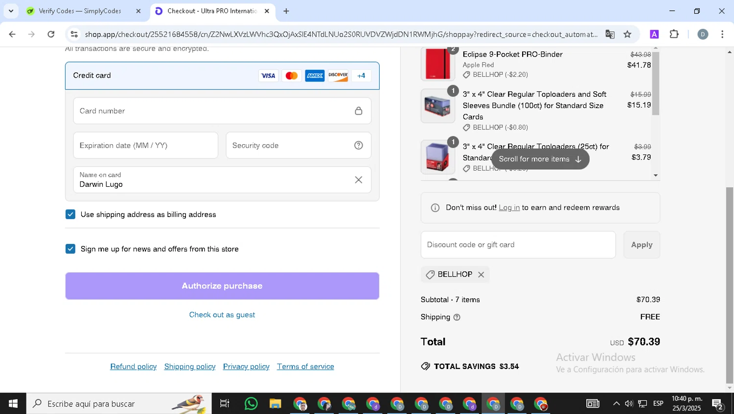 Ultra Pro discount code screenshot showing code BELLHOP applied at Ultra Pro checkout page. Uploaded by SimplyCodes community member Alejandria on Mar 26, 2025
