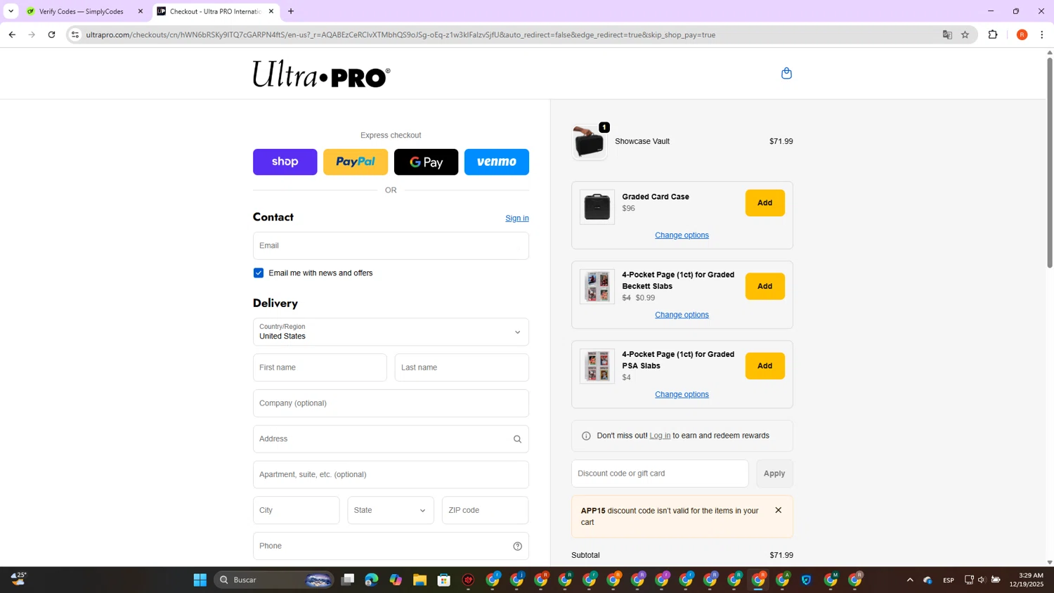 Ultra Pro discount code screenshot showing code APP15 applied at Ultra Pro checkout page. Uploaded by SimplyCodes community member DealVirtuoso2241 on Dec 19, 2025
