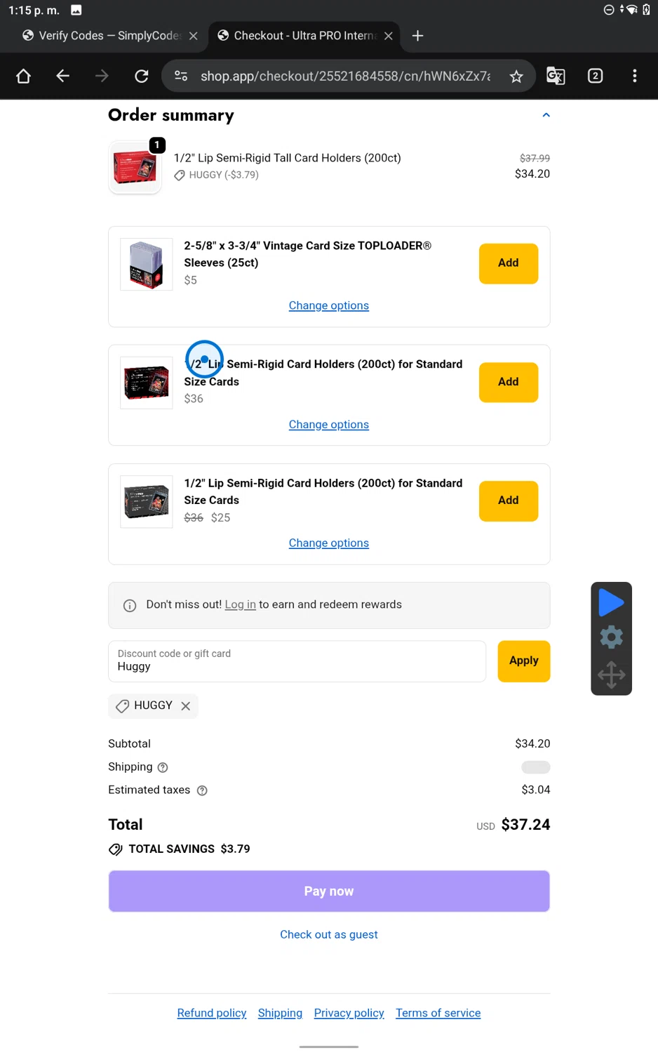 Ultra Pro discount code screenshot showing code Huggy applied at Ultra Pro checkout page. Uploaded by SimplyCodes community member SmartWhiz9028 on Dec 28, 2025