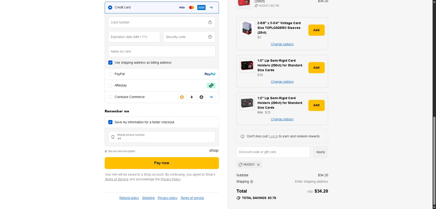 Ultra Pro discount code screenshot showing code Huggy applied at Ultra Pro checkout page. Uploaded by SimplyCodes community member SwiftLynx7415 on Dec 28, 2025