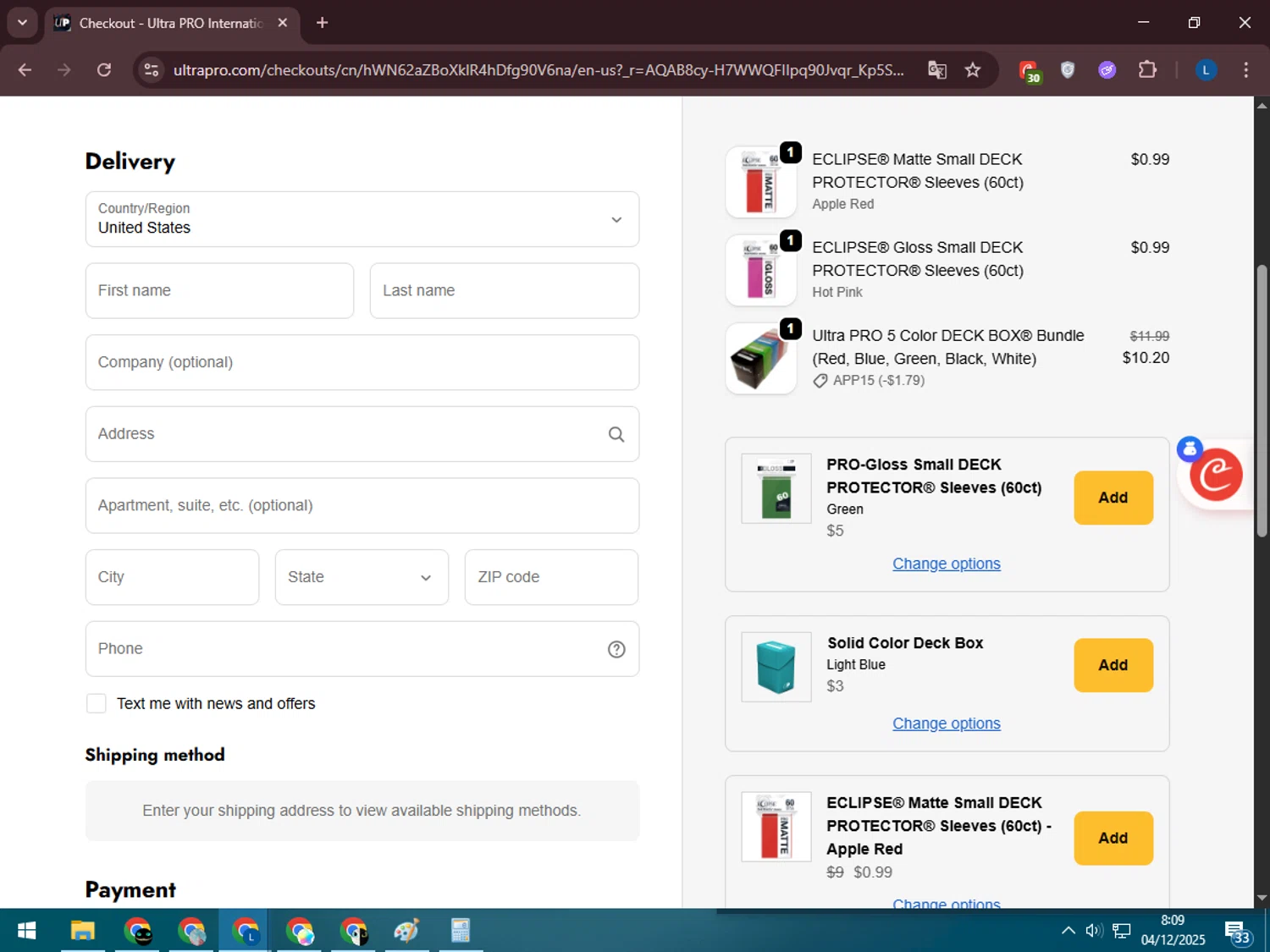 Ultra Pro discount code screenshot showing code APP15 applied at Ultra Pro checkout page. Uploaded by SimplyCodes community member LegendaryLegend5536 on Dec 4, 2025