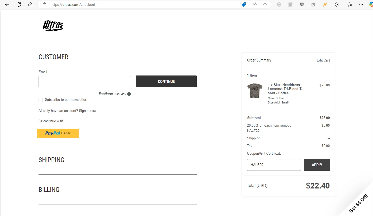 Ultras coupon code screenshot showing code HALF20 applied at Ultras checkout page. Uploaded by SimplyCodes community member VictorYanez on Jan 1, 2025