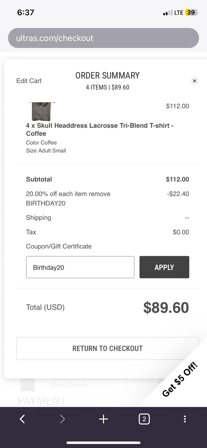 Ultras coupon code screenshot showing code Birthday20 applied at Ultras checkout page. Uploaded by SimplyCodes community member Joche25 on Jan 1, 2025