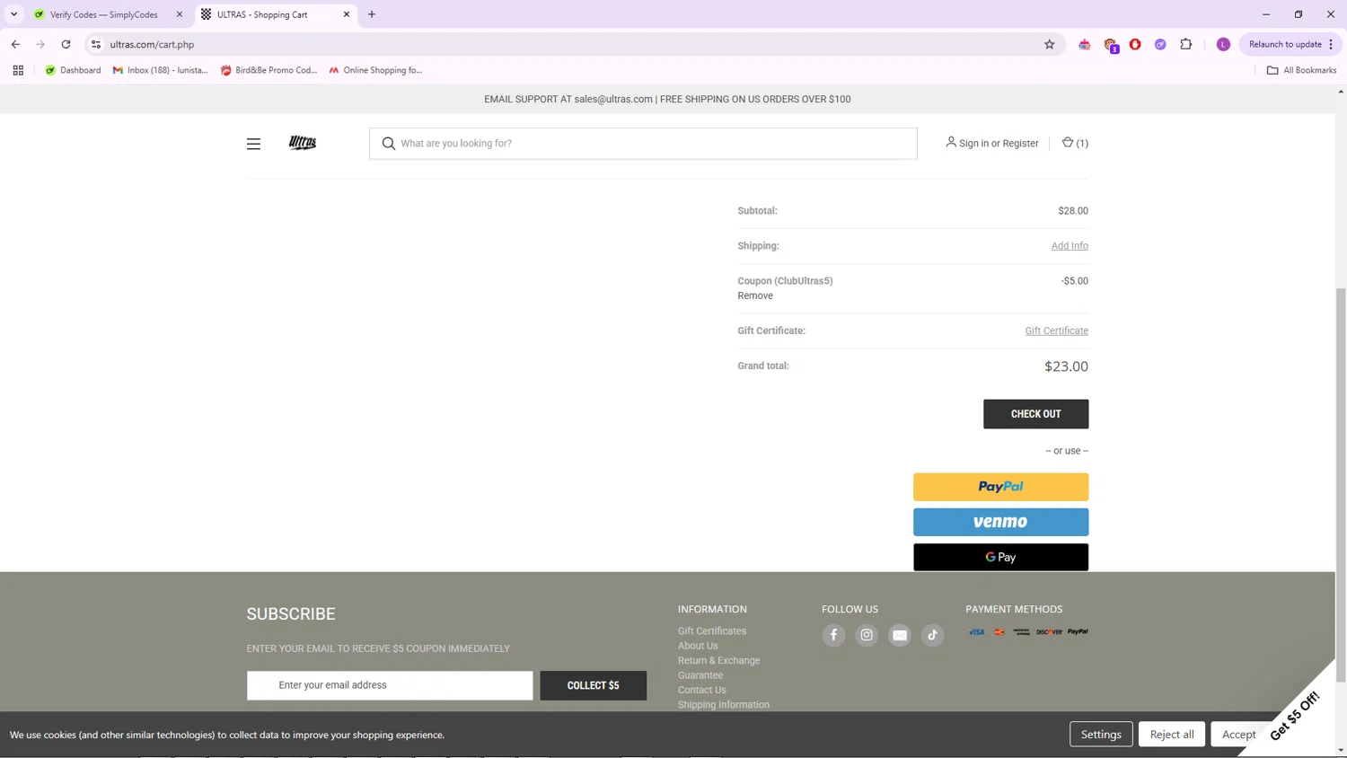 Ultras coupon code screenshot showing code ClubUltras5 applied at Ultras checkout page. Uploaded by SimplyCodes community member RoyalTracker568 on Apr 19, 2025