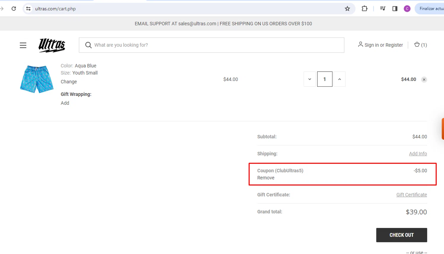 Ultras coupon code screenshot showing code CLUBULTRAS5 applied at Ultras checkout page. Uploaded by SimplyCodes community member nileskamarcano on Oct 1, 2024