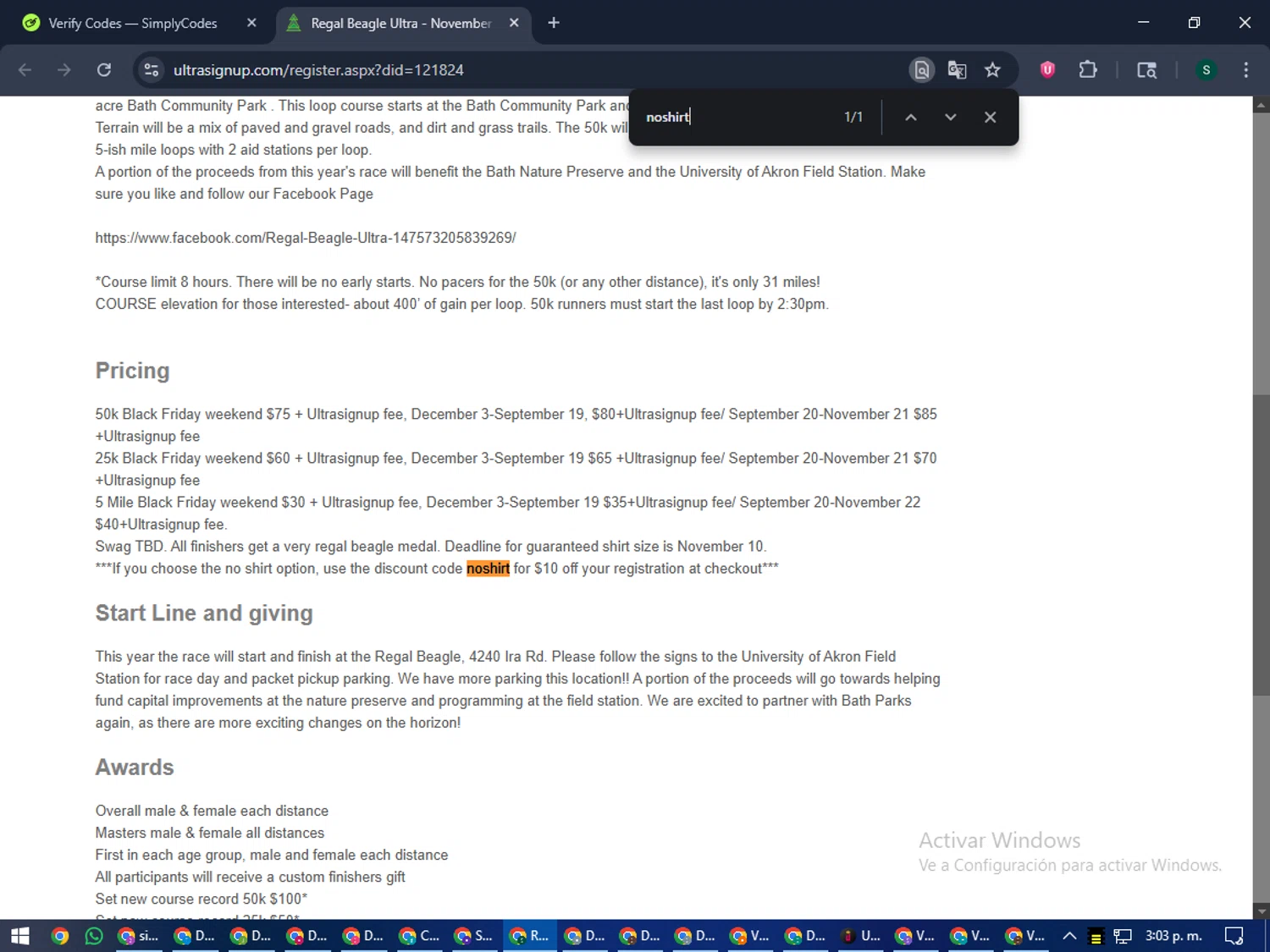 Ultra Signup coupon code screenshot showing code noshirt applied at Ultra Signup checkout page. Uploaded by SimplyCodes community member lilMosey on Nov 4, 2025
