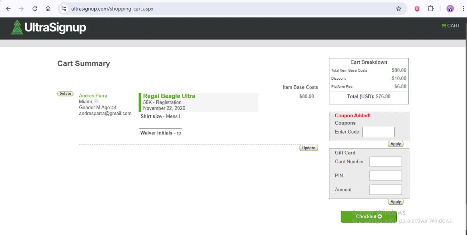 Ultra Signup checkout page showing Ultra Signup coupon code box | Screenshot taken by SimplyCodes community member on Jan 19, 2026
