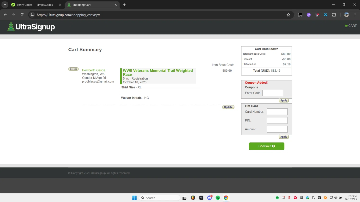 Ultra Signup checkout page showing Ultra Signup coupon code box | Screenshot taken by SimplyCodes community member on Oct 12, 2025