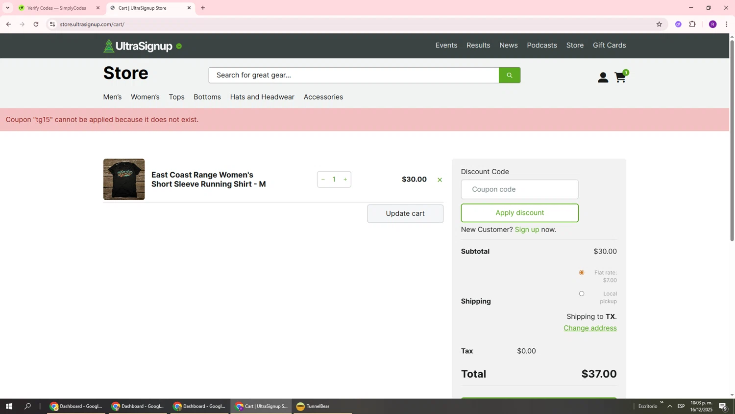 Ultra Signup coupon code screenshot showing code TG15 applied at Ultra Signup checkout page. Uploaded by SimplyCodes community member ukemochi on Dec 17, 2025