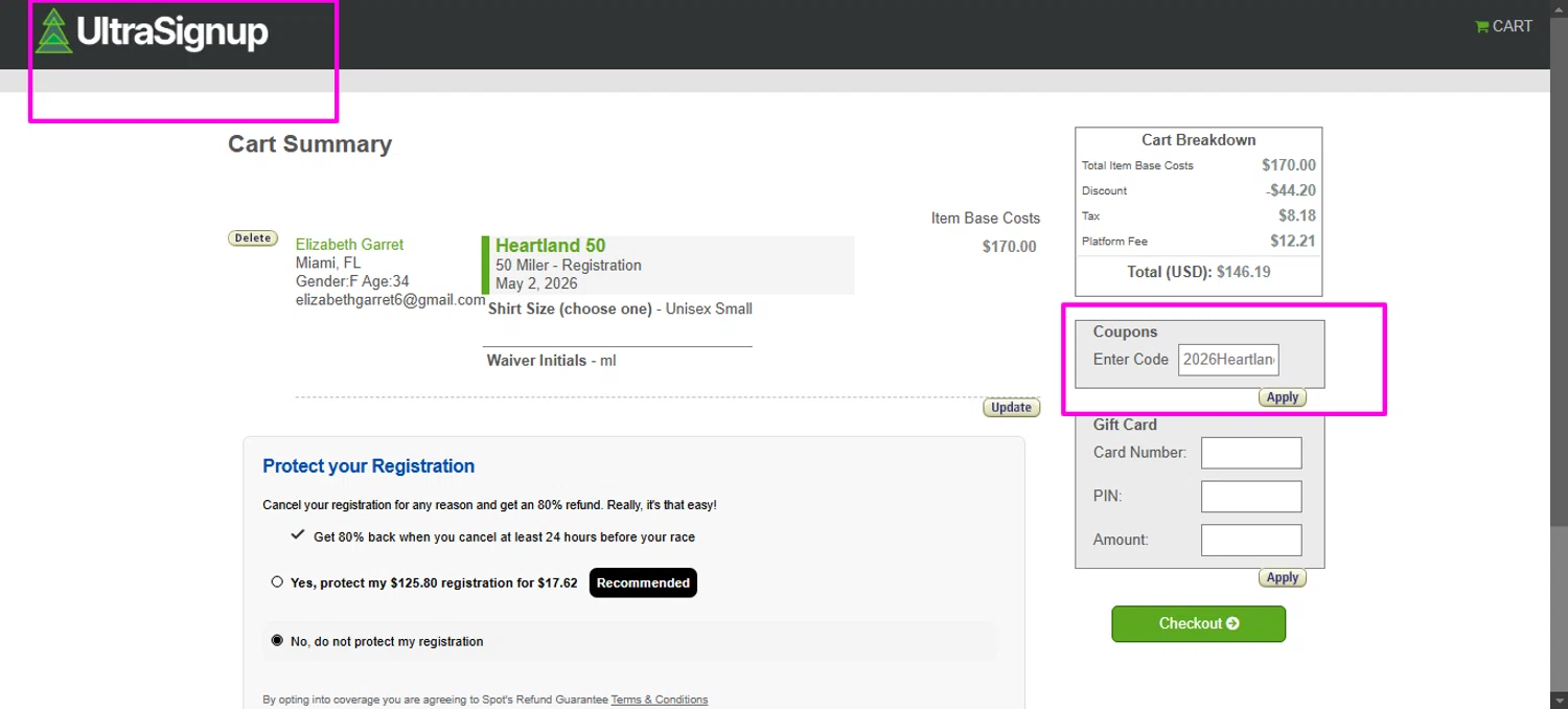 Ultra Signup coupon code screenshot showing code 2026Heartland50 applied at Ultra Signup checkout page. Uploaded by SimplyCodes community member mrdarcy on Feb 14, 2026