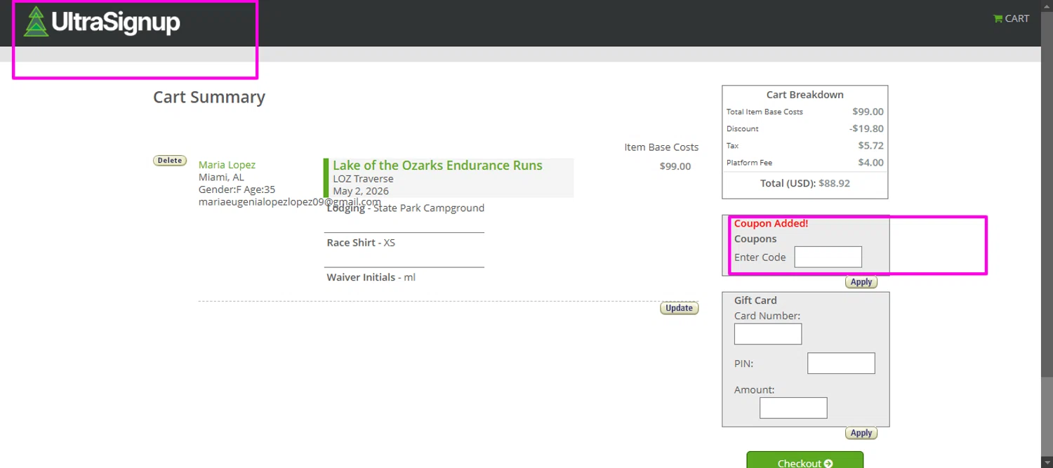 Ultra Signup coupon code screenshot showing code HOLLYJOLLY20 applied at Ultra Signup checkout page. Uploaded by SimplyCodes community member mrdarcy on Dec 19, 2025