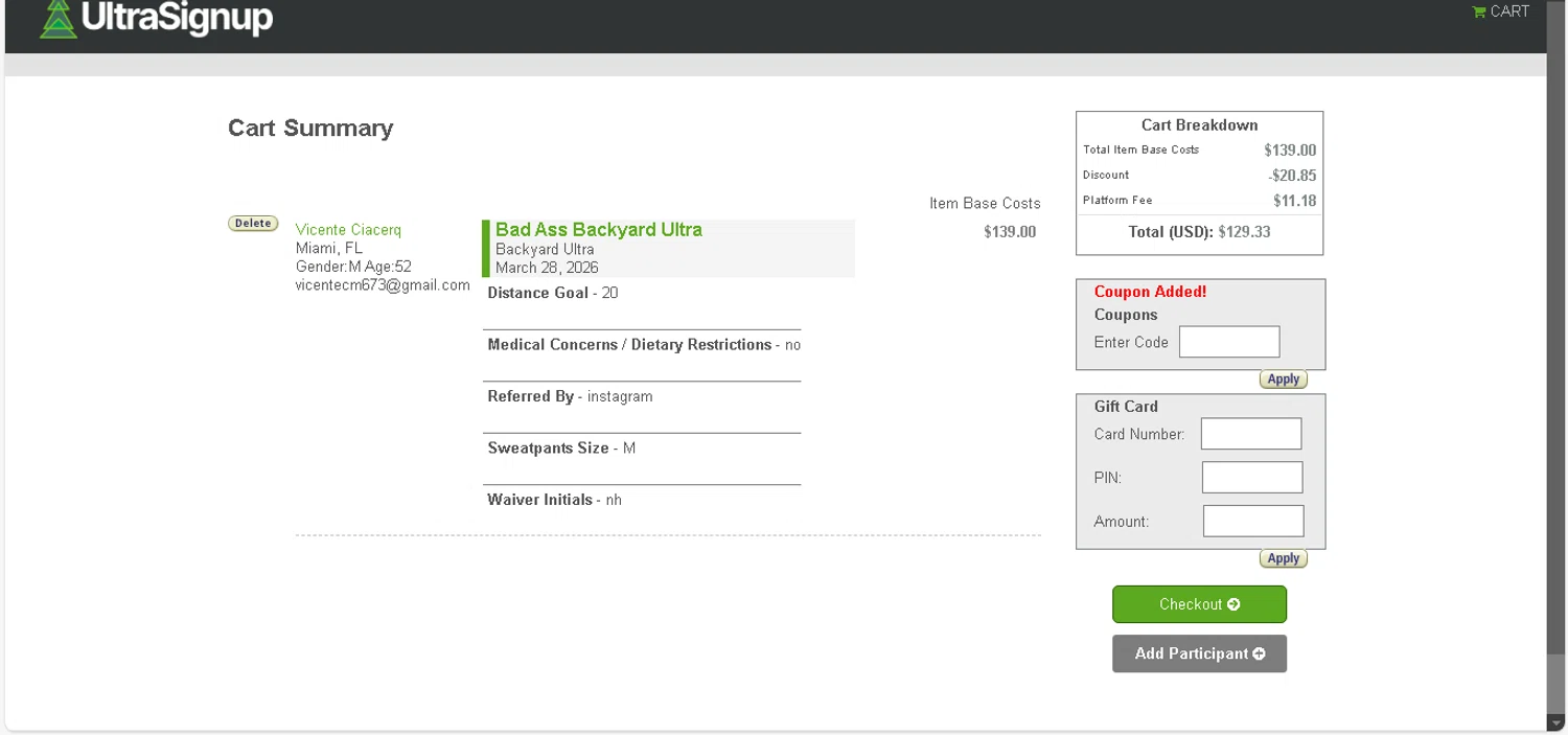 Ultra Signup coupon code screenshot showing code TG15 applied at Ultra Signup checkout page. Uploaded by SimplyCodes community member shark12 on Nov 27, 2025