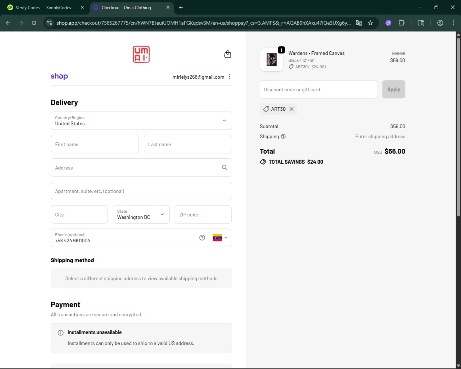 Umai Clothing discount code screenshot showing code ART30 applied at Umai Clothing checkout page. Uploaded by SimplyCodes community member BargainSeeker9964 on Jan 3, 2026