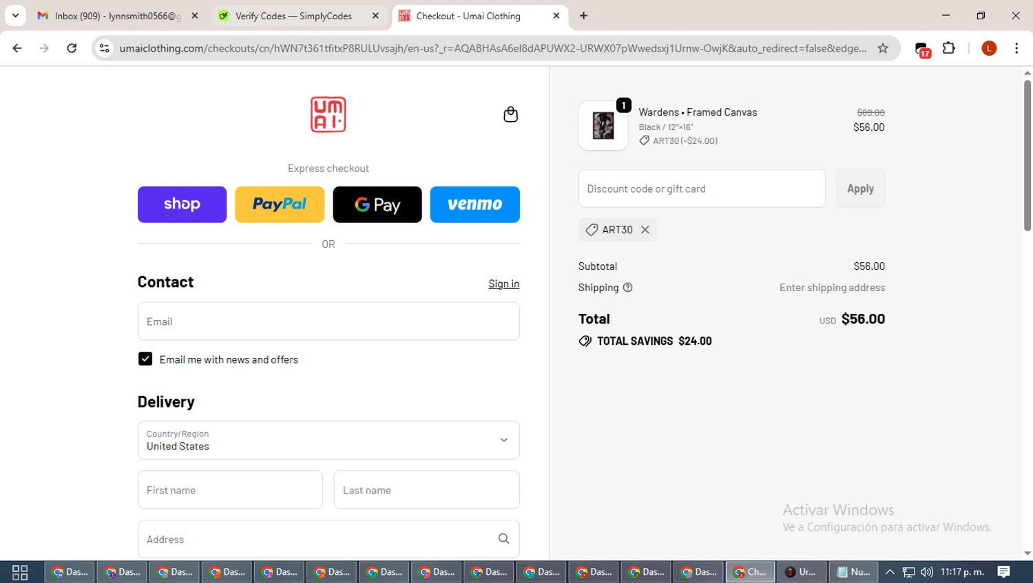 Umai Clothing checkout page showing Umai Clothing discount code box | Screenshot taken by SimplyCodes community member on Jan 22, 2026