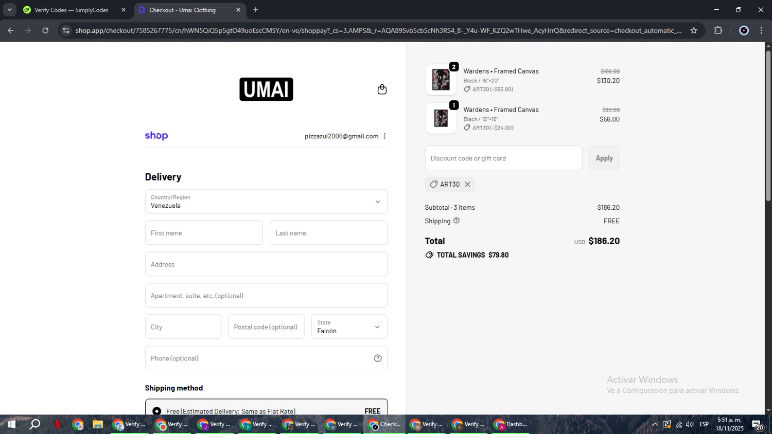 Umai Clothing discount code screenshot showing code ART30 applied at Umai Clothing checkout page. Uploaded by SimplyCodes community member RoyalBoss4384 on Nov 18, 2025