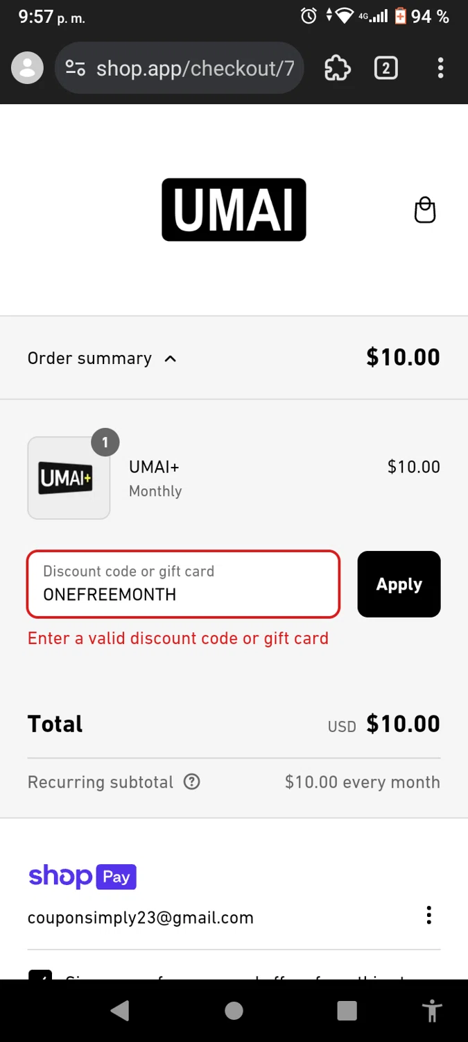 Umai Clothing discount code screenshot showing code ONEFREEMONTH applied at Umai Clothing checkout page. Uploaded by SimplyCodes community member CarmenAyuth on Mar 11, 2025
