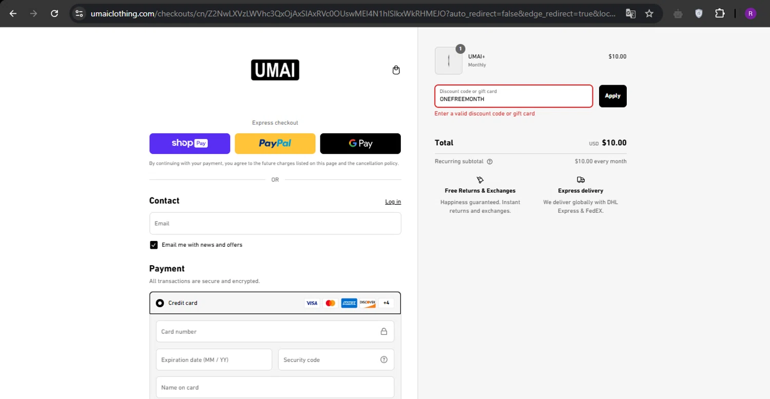 Umai Clothing discount code screenshot showing code ONEFREEMONTH applied at Umai Clothing checkout page. Uploaded by SimplyCodes community member ThriftySage9319 on Mar 11, 2025