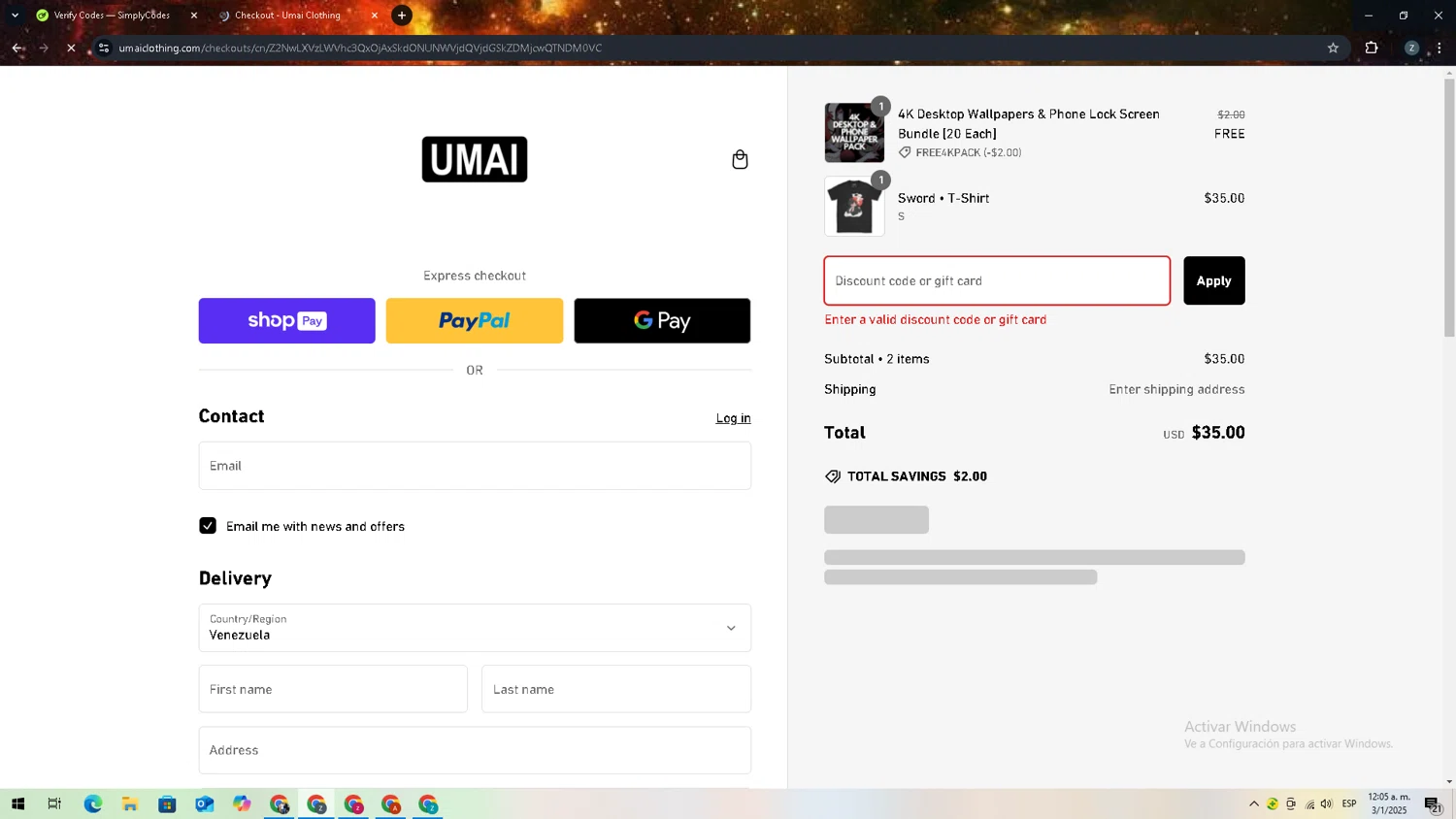 Umai Clothing discount code screenshot showing code GIFT40 applied at Umai Clothing checkout page. Uploaded by SimplyCodes community member 27zxbr on Jan 3, 2025
