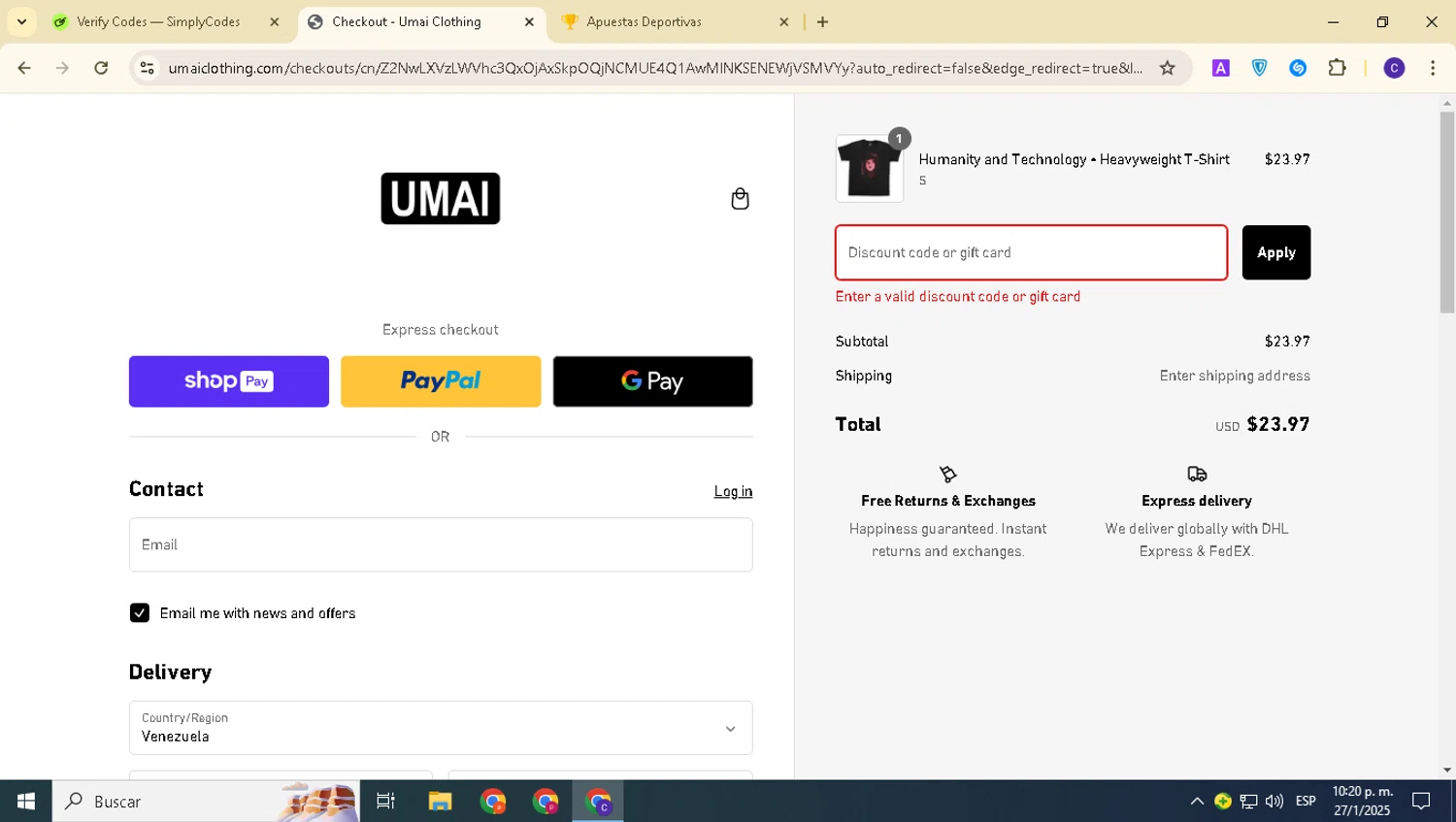 Umai Clothing discount code screenshot showing code FREE4KPACK applied at Umai Clothing checkout page. Uploaded by SimplyCodes community member alexanderarnold on Jan 28, 2025