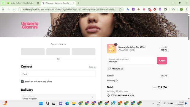 Umberto Giannini checkout page showing Umberto Giannini promo code box | Screenshot taken by SimplyCodes community member on Sep 12, 2025