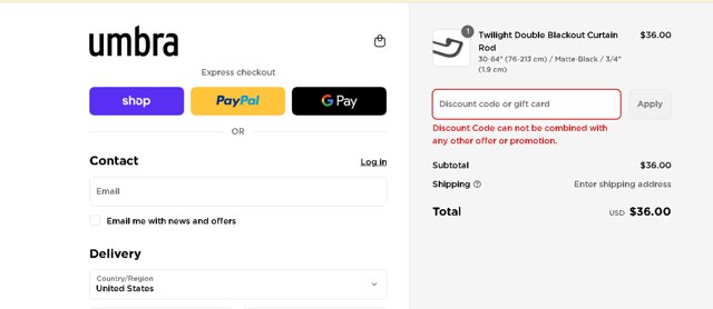 Umbra checkout page showing Umbra discount code box | Screenshot taken by SimplyCodes community member on Aug 30, 2025
