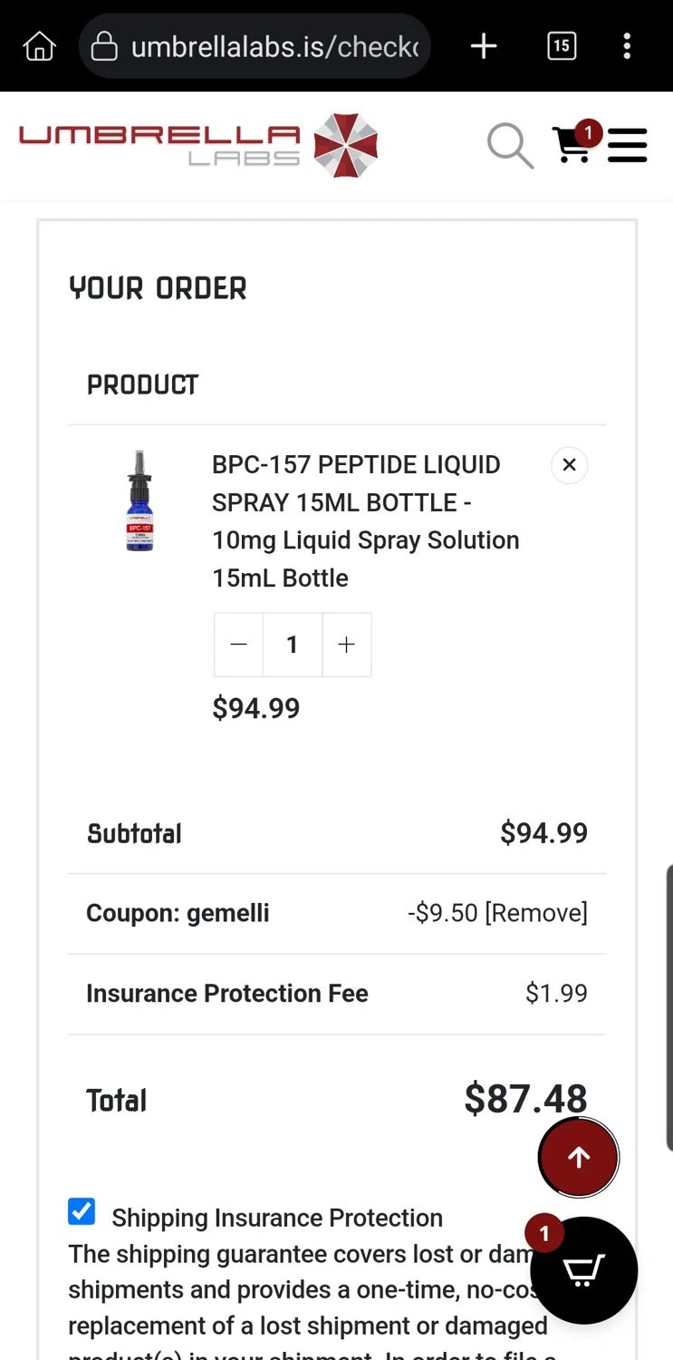 UMBRELLA Labs discount code screenshot showing code GEMELLI applied at UMBRELLA Labs checkout page. Uploaded by SimplyCodes community member Carloslvz on Dec 15, 2025