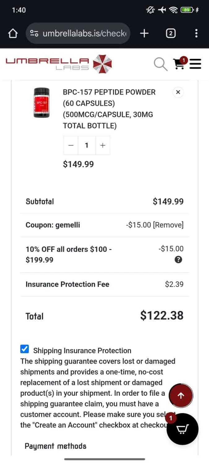 UMBRELLA Labs discount code screenshot showing code GEMELLI applied at UMBRELLA Labs checkout page. Uploaded by SimplyCodes community member RoyalSpotter5217 on Dec 27, 2025