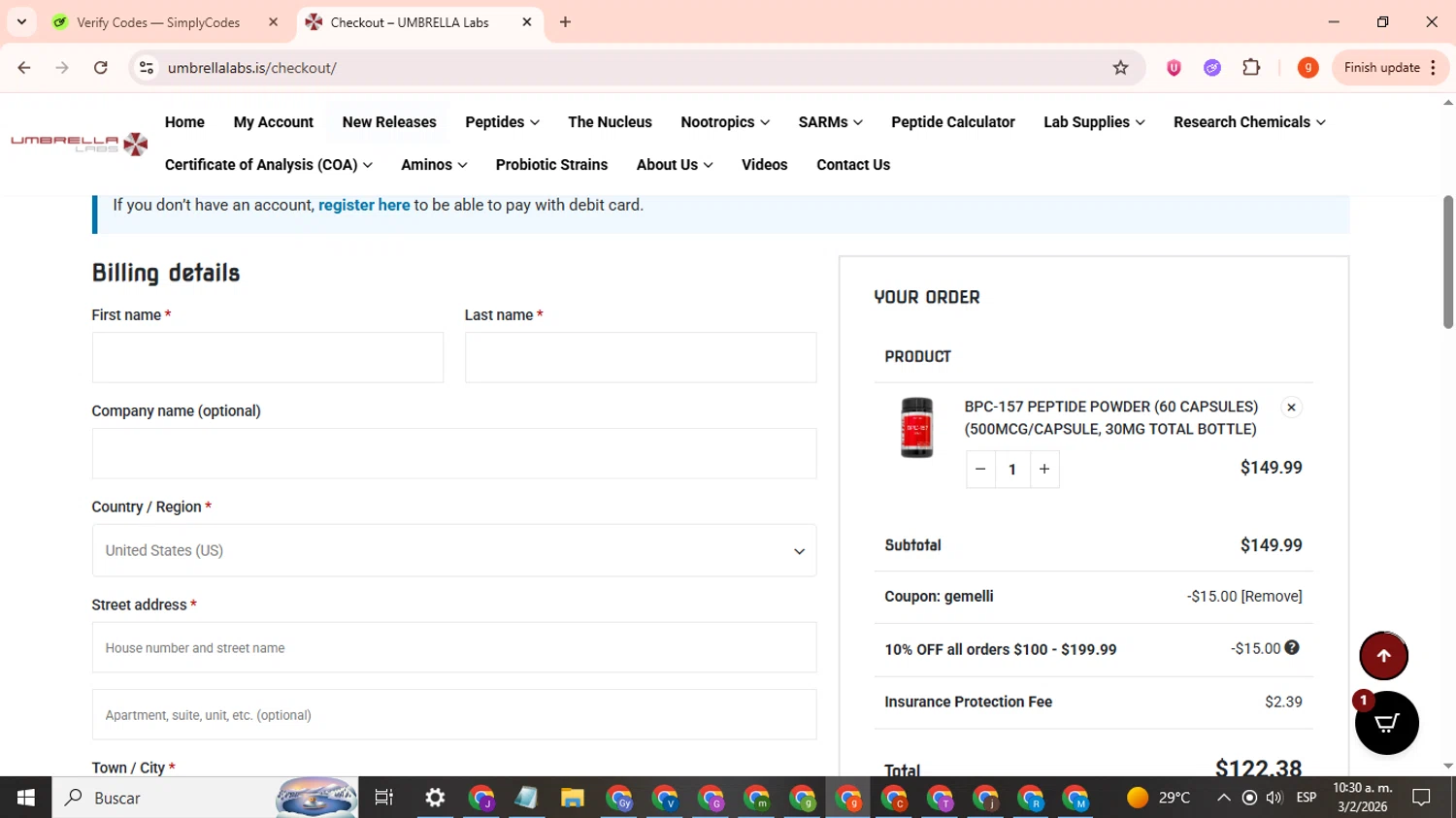 UMBRELLA Labs checkout page showing UMBRELLA Labs discount code box | Screenshot taken by SimplyCodes community member on Feb 3, 2026