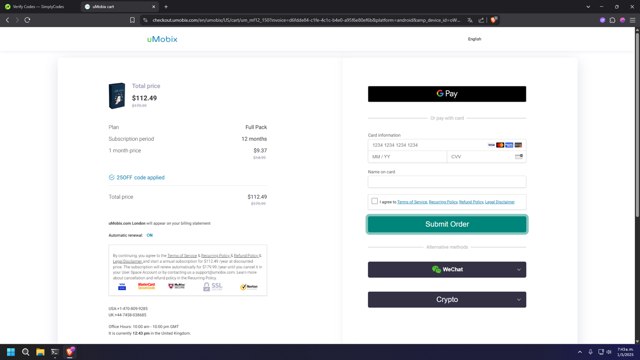 uMobix checkout page showing uMobix coupon code box | Screenshot taken by SimplyCodes community member on May 1, 2025