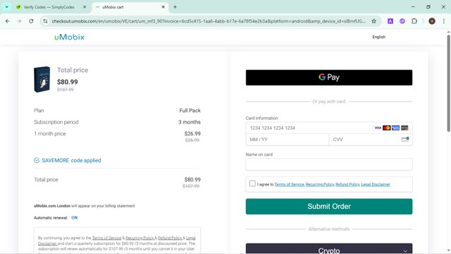 uMobix checkout page showing uMobix coupon code box | Screenshot taken by SimplyCodes community member on Jun 12, 2025
