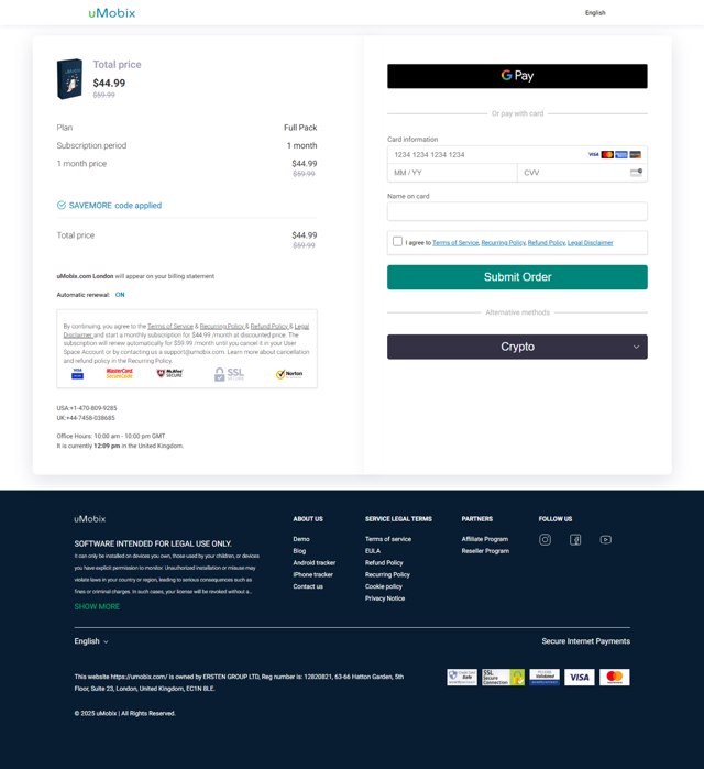 uMobix checkout page showing uMobix coupon code box | Screenshot taken by SimplyCodes community member on May 14, 2025