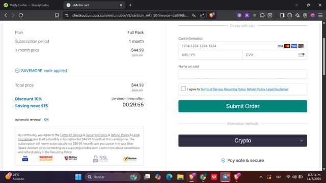 uMobix checkout page showing uMobix coupon code box | Screenshot taken by SimplyCodes community member on Jul 11, 2025
