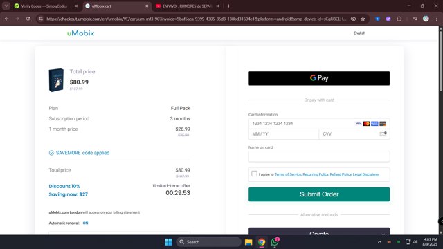 uMobix checkout page showing uMobix coupon code box | Screenshot taken by SimplyCodes community member on Aug 9, 2025